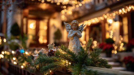 A beautiful angel figurine adorned with sparkling details rests amidst glowing lights, embodying the cozy spirit of the holiday season, perfect for festive settings.の素材