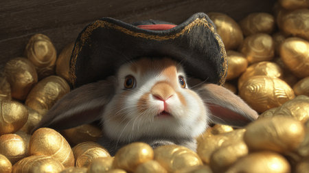 A charming rabbit dressed in a pirate hat, curiously gazing amidst a treasure trove of shiny golden eggs. Perfect for whimsical and playful themes.の素材