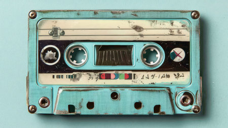 A close-up view of a vintage cassette tape resting on a light blue surface. This nostalgic piece of audio history captures retro design elements and evokes memories.の素材