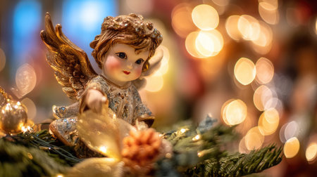 A charming vintage angel figurine decorates a Christmas tree, surrounded by warm bokeh lights. This festive scene evokes nostalgia, joy, and holiday spirit.の素材