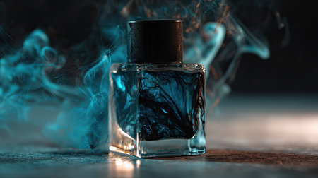 A stunning close-up of a glass ink bottle surrounded by enchanting blue smoke, creating a captivating artistic atmosphere ideal for creative projects and visual inspiration.の素材
