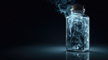 A captivating glass bottle filled with light smoke, creating a mystical atmosphere against a dark background. Perfect for artistic or creative projects.の素材