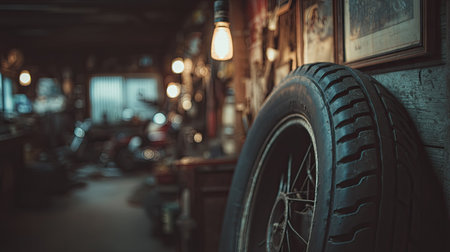 This captivating image features a vintage tire positioned prominently in a rustic garage. Dim lighting and nostalgic decor create an inviting atmosphere for automotive enthusiasts.の素材
