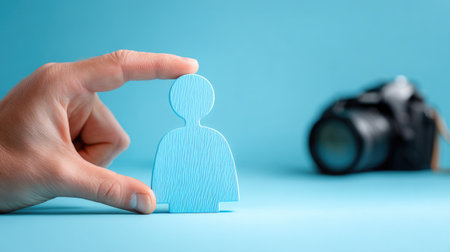 A hand is holding a blue paper cutout figurine in front of a camera lens, highlighting creativity in photography and visual representation of ideas.の素材
