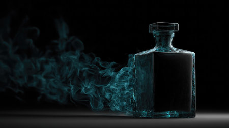 A captivating glass bottle stands against a dark backdrop, releasing colorful smoke that swirls mysteriously around it. Ideal for artistic and imaginative themes.の素材
