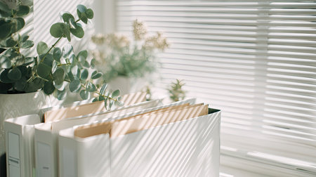 A serene indoor workspace showcasing plants, sunlight, and gentle shadows. This setting emphasizes tranquility, minimalism, and inspiration for productivity.の素材