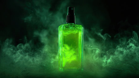 A vibrant green perfume bottle stands elegantly amidst swirling mist, perfect for beauty-themed projects, product promotions, or lifestyle photography.の素材