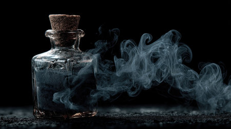 A striking glass bottle featuring an elegant cork top, emitting ethereal smoke against a dark background. This captivating still life evokes mystery and creativity, perfect for artistic projects.の素材