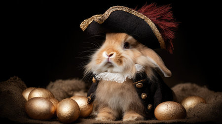This charming image showcases an adorable bunny dressed as a pirate, surrounded by golden eggs. Perfect for celebrating creativity and joy during festive occasions.の素材