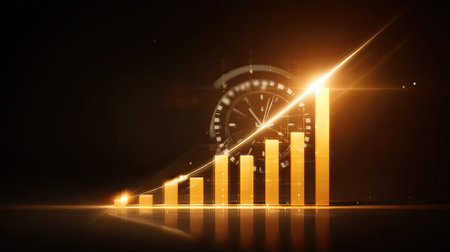 This dynamic image showcases a golden bar graph symbolizing growth and progress, with dramatic lighting against a dark background, perfect for finance themes.の素材