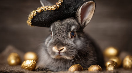A cute rabbit dressed in a pirate hat sits among shiny golden eggs, creating a whimsical and joyful atmosphere perfect for festive celebrations or playful themes.の素材