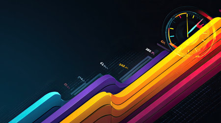 This colorful graph visualization features dynamic lines and a speedometer display, illustrating data analysis, growth trends, and performance metrics in a modern design.の素材