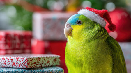 A vibrant parrot wearing a tiny Santa hat sits among colorful wrapped gifts, radiating festive cheer. Perfect for holiday-themed projects or cheerful decorations.の素材