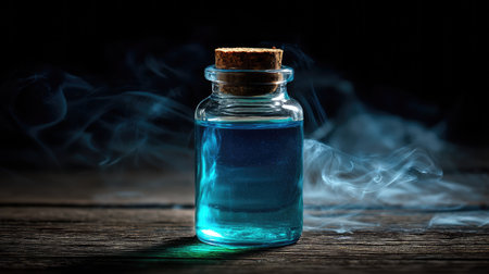 A captivating glass bottle filled with a vibrant blue liquid, topped with a cork, surrounded by ethereal smoke, set against a dark wooden surface, evokes mystery and allure.の素材
