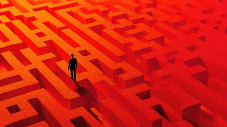A solitary man in a business suit navigates an abstract red maze, symbolizing the challenges and complexities of decision-making in a corporate environment.の素材