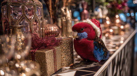 A vibrant and colorful parrot adorned with a festive hat sits among beautifully arranged decorations and gifts, creating a delightful holiday atmosphere.の素材