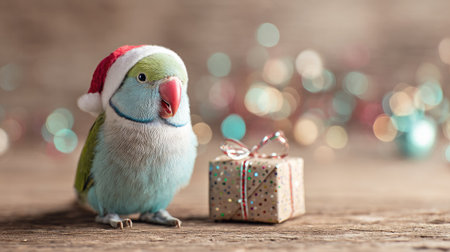 A vibrant bird wearing a festive Santa hat sits beside a beautifully wrapped Christmas gift on a rustic wooden table, creating a joyful holiday atmosphere.の素材