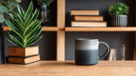 A cozy scene featuring a modern ceramic mug on a wooden table surrounded by books and vibrant greenery, perfect for relaxation and aesthetic enjoyment.の素材