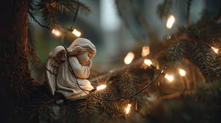 A delicate angel sculpture resting among warm Christmas lights on a tree, radiating tranquility and peace. This image captures a serene holiday spirit.の素材