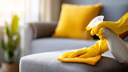 A close-up view of a person wearing yellow gloves cleaning a couch with a spray bottle and cloth, showcasing a bright and inviting living room atmosphere.の素材