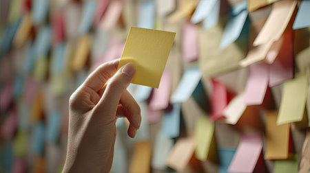 A close-up of a hand holding a yellow sticky note in front of a vibrant wall filled with colorful notes, ideal for concepts related to creativity and organization.の素材