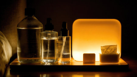 A beautifully arranged nightstand featuring skincare products with a soothing light, creating a serene ambiance perfect for relaxation and self-care routines.の素材