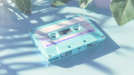 A vintage cassette tape in teal color lies on a bright background. Leaf shadows create a serene atmosphere, invoking nostalgia and creativity. Perfect for retro-themed projects.の素材