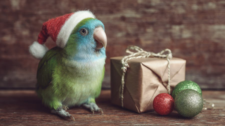 A charming parrot wearing a Santa hat poses next to a festive gift box and colorful ornaments, capturing the joyful spirit of the holiday season.の素材