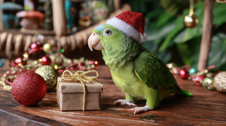A charming green parrot wearing a Santa hat sits beside a gift box and festive decorations, capturing the joy of the holiday season in a vibrant indoor setting.の素材