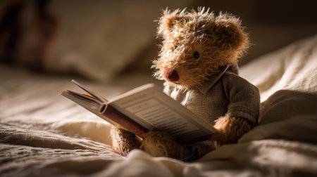 A cozy teddy bear reads a book in soft bedroom light, creating a warm and nostalgic atmosphere. This image evokes comfort and childhood imagination.の素材