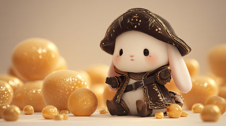 A charming bunny character dressed as a pirate sits among golden orbs, creating a whimsical and playful atmosphere perfect for children's illustrations or playful designs.の素材
