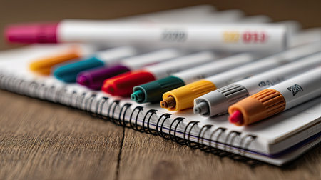A vibrant array of markers sits neatly lined on a sketchbook, showcasing a variety of colors against a warm wooden background, perfect for artists and crafters.の素材