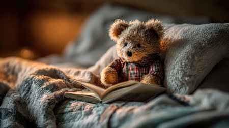 A charming teddy bear sits comfortably on a soft bed, engrossed in a book under warm lighting. This cozy scene evokes feelings of nostalgia, comfort, and childhood innocence.の素材