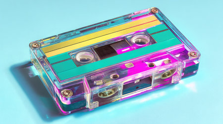 A vibrant transparent cassette tape featuring bright colors rests on a smooth blue surface. This retro object evokes nostalgia and playful creativity.の素材