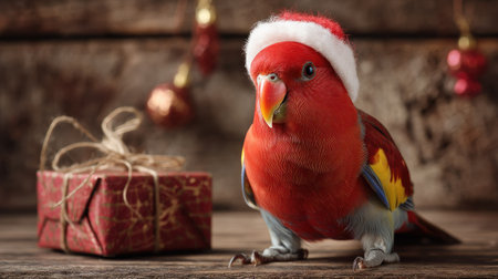 A vibrant parrot wearing a Santa hat sits beside a beautifully wrapped Christmas gift. This festive image captures the joy and spirit of the holiday season.の素材