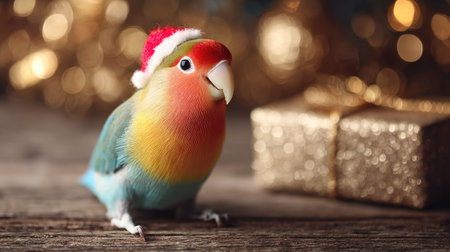 A charming lovebird wearing a Santa hat sits next to a sparkling gift box, radiating joy and holiday spirit, perfect for seasonal celebrations and cheerful decor.の素材