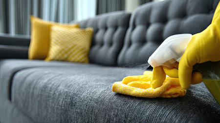 A focused view of a person cleaning a couch using a spray and cloth. Yellow gloves emphasize hygiene in a stylish living room environment, promoting cleanliness and comfort.の素材