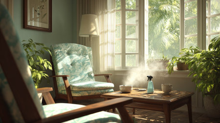 A tranquil living room filled with sunlight, featuring lush indoor plants and a misting spray bottle on a wooden table, creating a refreshing atmosphere.の素材