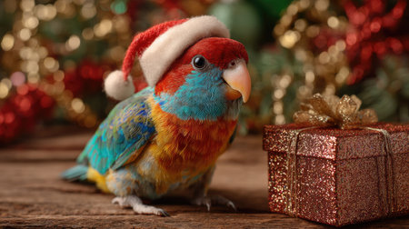 A vibrant parrot in a Santa hat sits beside a glittering gift box, creating a joyful holiday scene. Perfect for capturing festive spirit in winter.の素材