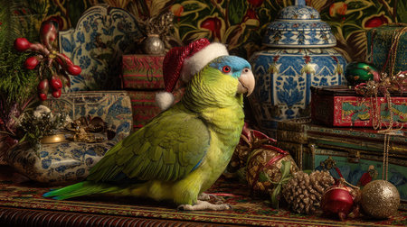 A vibrant green parrot wearing a Santa hat sits amidst colorful holiday decorations, embodying the festive spirit of Christmas in a cozy indoor setting.の素材