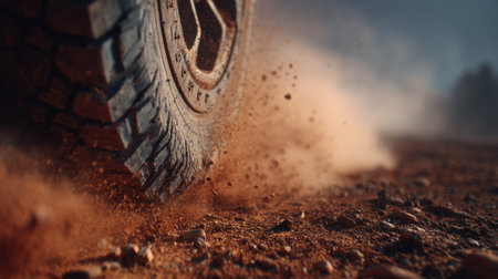 Dynamic close-up of a tire on a dusty off-road path, showcasing motion and power. Perfect for adventure-themed projects, travel, and outdoor excursions.の素材