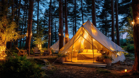 A cozy glamping tent nestled in a tranquil forest, illuminated by soft lights. The scene captures the essence of outdoor relaxation and adventure.の素材