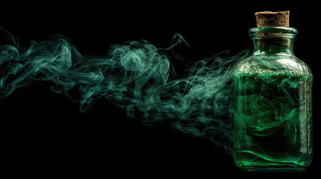 Captivating green bottle filled with liquid emits mesmerizing smoke on a black background. Ideal for themes of mystery, magic, and alchemy in visual projects.の素材