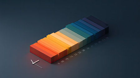 This illustration features a modern minimalist color gradient bar chart with a clock element, emphasizing time and data analysis in a sleek design.の素材