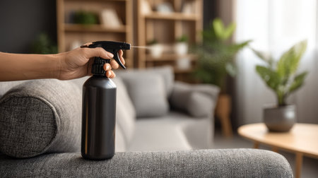 A hand holds a black spray bottle, ready to clean a gray couch in a stylish living room filled with plants. The scene showcases a modern and tidy household atmosphere.の素材