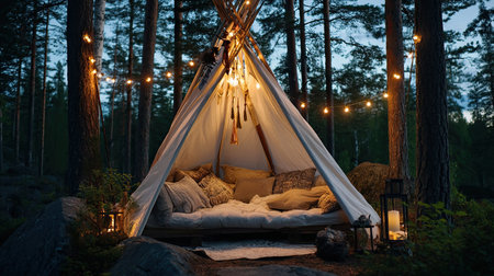 A cozy camping tent nestled among trees, illuminated by soft lights in the evening. This tranquil setting invites relaxation and adventure in nature.の素材