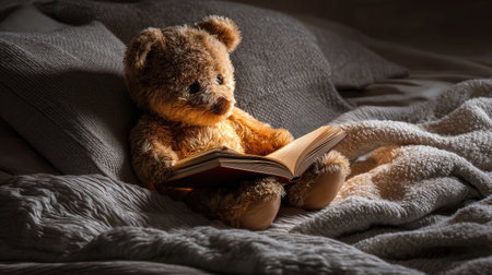A cute teddy bear sits comfortably on a bed, immersed in a book under soft warm light. This cozy scene evokes feelings of nostalgia, innocence, and peace. Perfect for bedtime themes and childhood memories.の素材