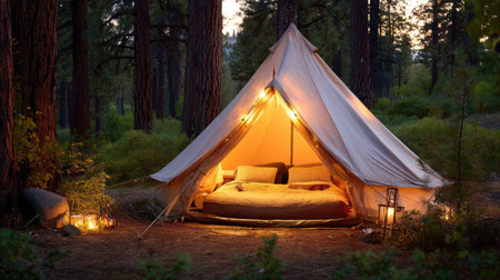 A charming glamping tent nestled in a serene forest under soft evening light, ideal for relaxation or a cozy getaway surrounded by nature.の素材
