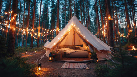 A cozy glamping tent beautifully lit with fairy lights in a serene forest setting. This inviting atmosphere offers relaxation and comfort for a perfect getaway.の素材
