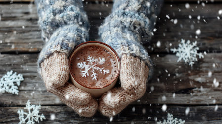 A cozy scene featuring hands in knitted gloves holding a cup of hot chocolate, surrounded by snowflakes and a rustic wooden surface, evoking warmth and comfort in winter.の素材